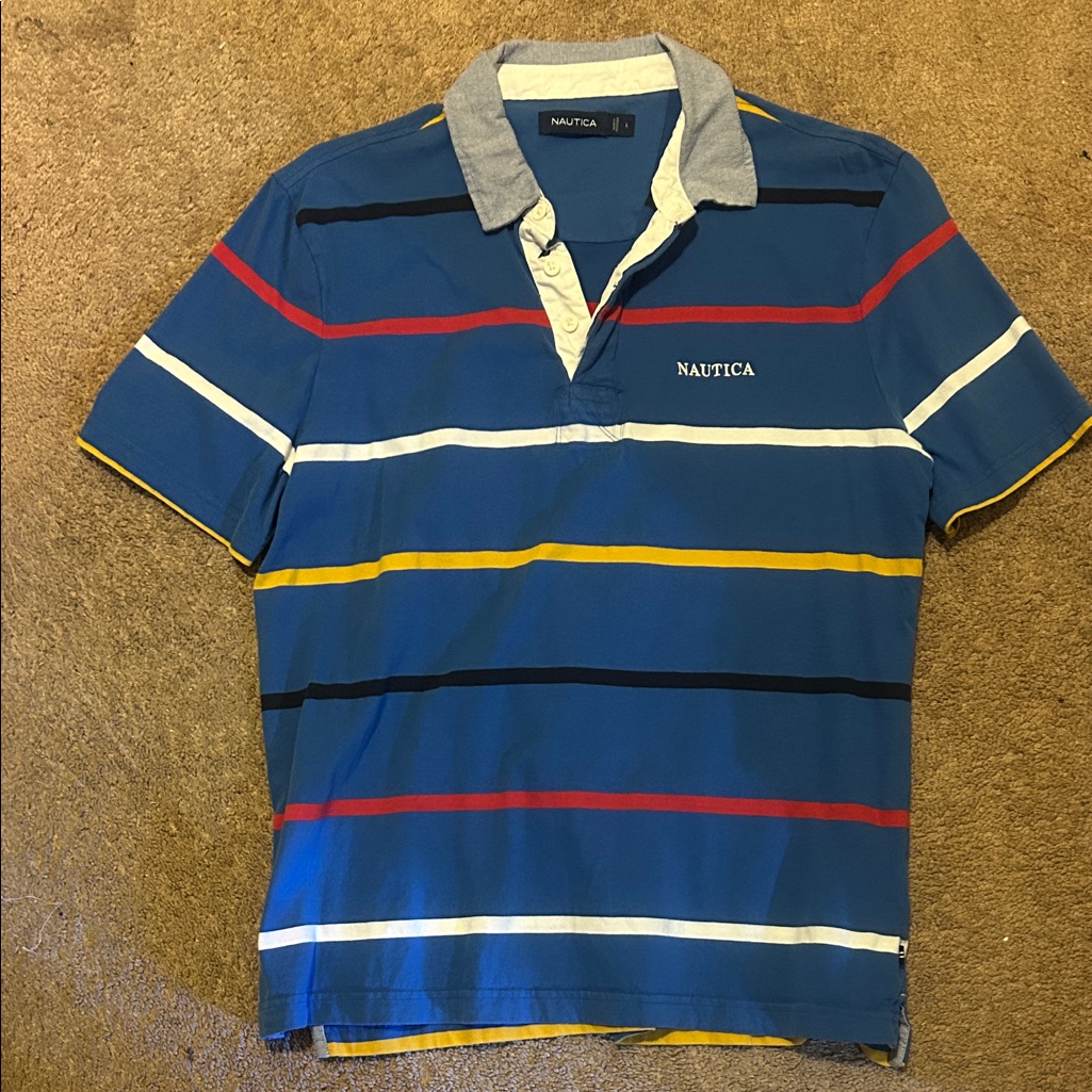 Nautica Men's Polo With Blue, Red, Yellow, And White Stripes